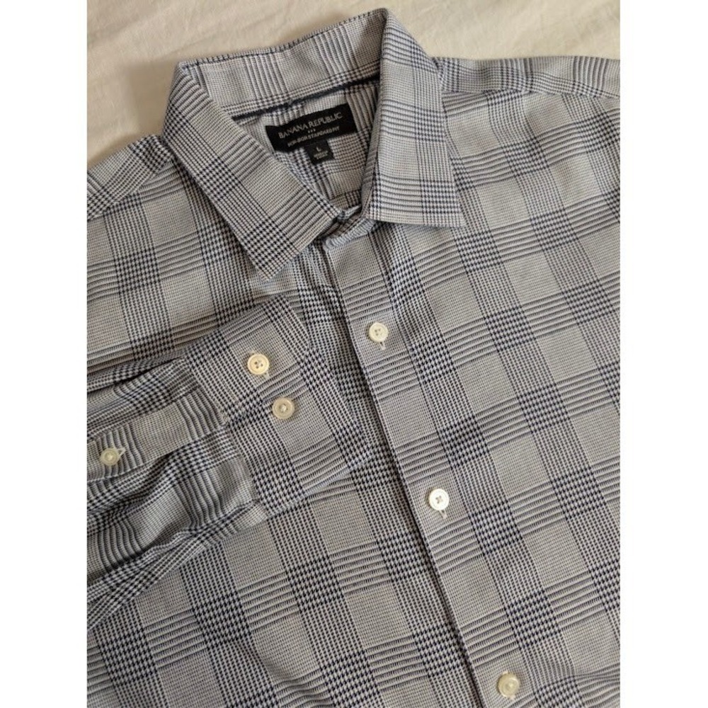 Banana Republic‎ Dress Shirt Mens L Navy Blue Glen Plaid Non-Iron Standard Fit
